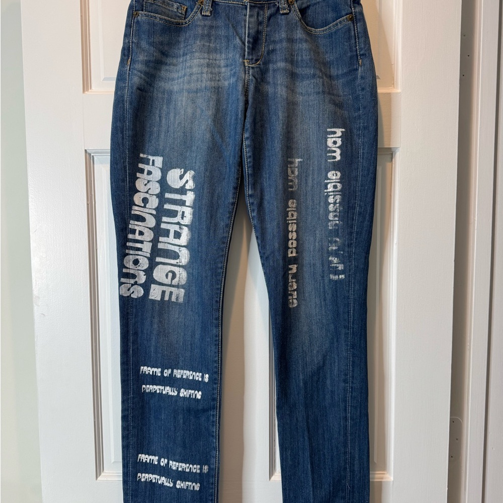 Blue Denim Jeans with White Text Design